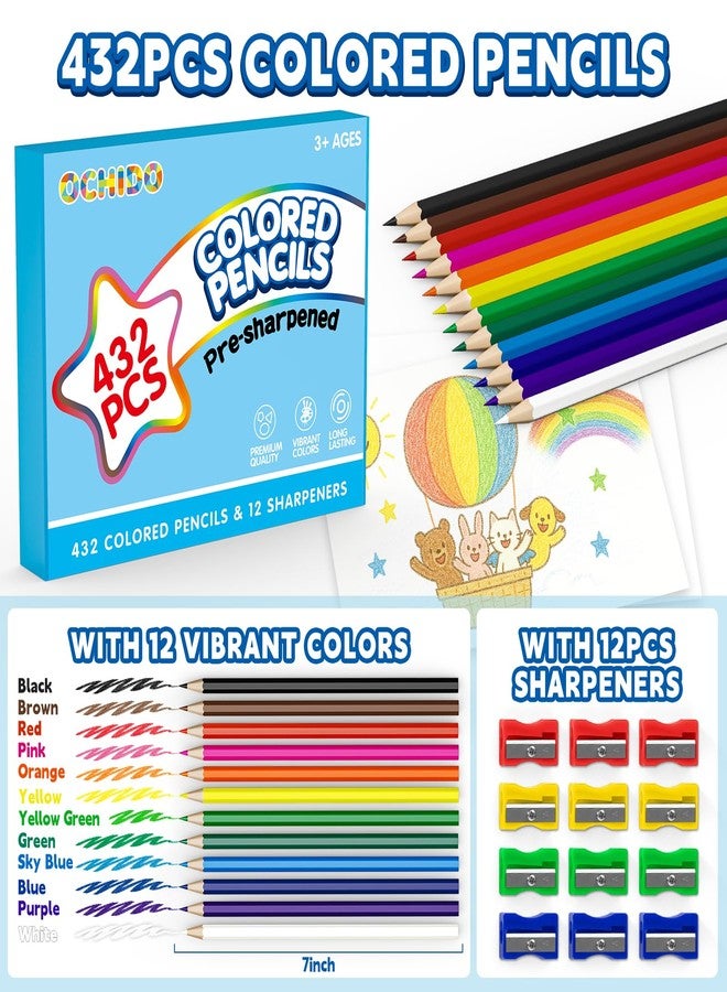 OCHIDO 432 Count Colored Pencils Bulk, Pre-sharpened Colored Pencils for Kids in 12 Bright Colors, Color Pencil Set with 12 Sharpeners, Back to School Supplies Classroom Essentials for Teachers - Image 2
